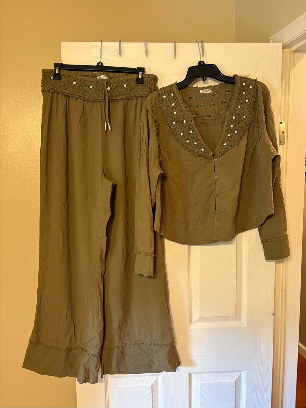 Free People Olive Green Embellished Pajama Set